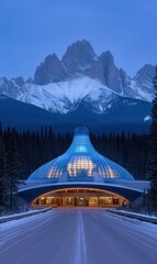 Wall Mural - Stunning glass dome structure against a snowy mountain backdrop. AI.