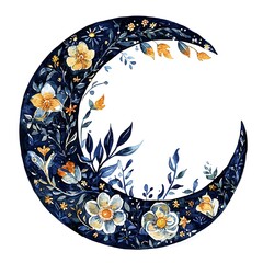 Wall Mural - Watercolor Crescent Moon Adorned with Delicate Floral Designs in Shades of Blue, Yellow, and Orange. This enchanting illustration is perfect for adding a touch of magic and whimsy to your projects.