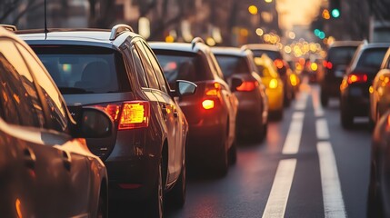 Wall Mural - Cars are stopped in traffic in the city at dusk.