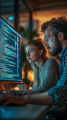 a pair of developers work intently on coding together in a cozy, well-lit environment, showcasing co