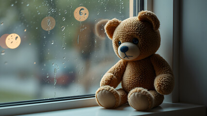 A lonely brown bear sits by a rainy window, longing for companionship