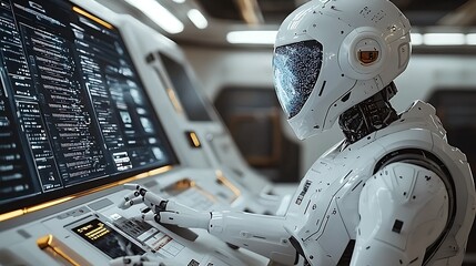 A futuristic robot wearing a white helmet sits at a control panel, interacting with a screen displaying a complex interface.