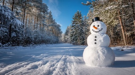Wall Mural - a cheerful snowman stands in a snowy forest under a clear blue sky.