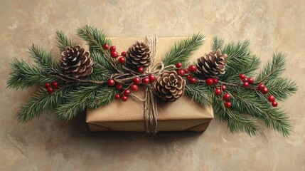 Wall Mural - A natural Christmas gift wrapped in brown paper, decorated with pine branches, red berries, and pinecones on a beige background.