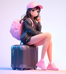 3D render style girl with suitcase