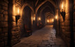 © julien.habis - Dimly lit medieval stone castle corridor