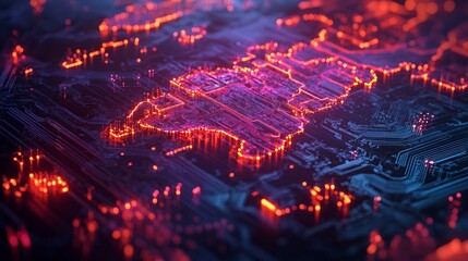 Wall Mural - abstract digital world map with circuit board pattern and glowing lights, symbolizing global network