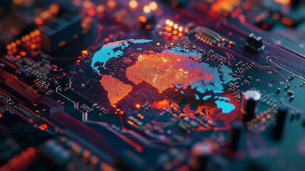 Wall Mural - abstract digital world map on a circuit board, showcasing global networks, glowing lights, pixelated