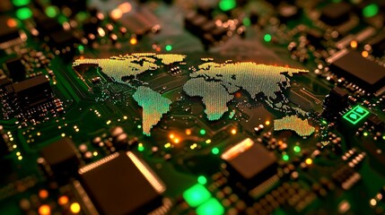 Wall Mural - digital world map on circuit board, abstract representation of global connectivity, intricate patter