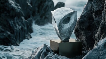 Aufkleber - A sculptural piece resembling a face, placed on rocks by the ocean, blending art with nature.