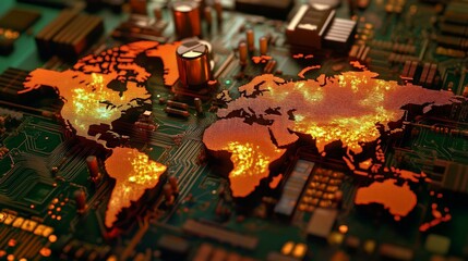 Wall Mural - abstract world map on circuit board, illuminated global network connectivity, vibrant colors, high-t