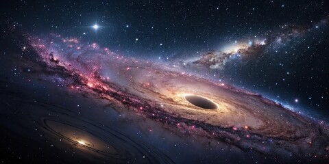 Wall Mural - A serene galaxy landscape with shimmering stars, vibrant nebulae, and a majestic black hole at its center, starlight, dark matter, deep space, nuclear fusion