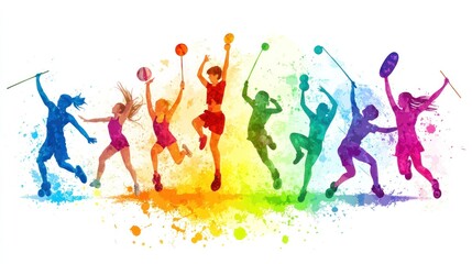 Wall Mural - A colorful silhouette of athletes engaging in various sports, celebrating movement and diversity.