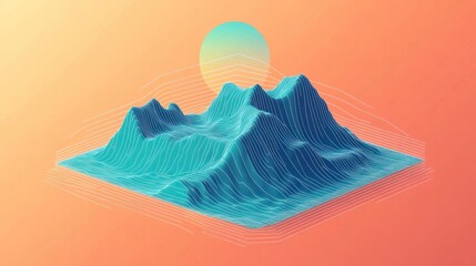 Poster - A stylized 3D mountain landscape with wavy lines and a gradient sunset background.