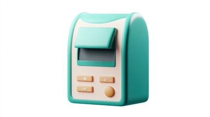 A small, colorful ATM-like device with buttons and a screen for transactions.