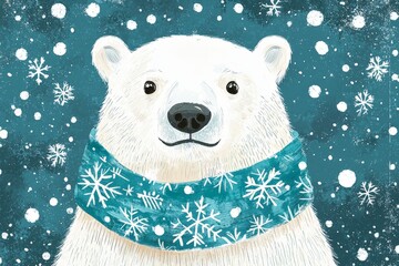 Wall Mural - artistic illustration for a holiday greeting card with an ice bear wearing a colorful scarf