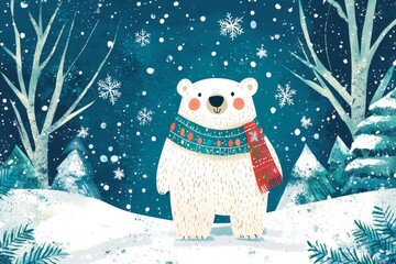 Wall Mural - artistic illustration for a holiday greeting card with an ice bear wearing a colorful scarf