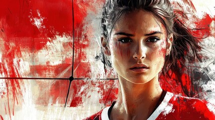 Poster - A fierce female athlete in a red jersey, depicted with vibrant brush strokes and intensity.