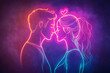 © River Girl - White and neon outline of a couple in love, illustration, showcasing minimalistic and romantic design with vibrant highlights.