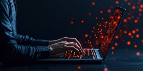 Cybersecurity hacker data exploit concept. Hands typing on a laptop with glowing particles emerging from the screen