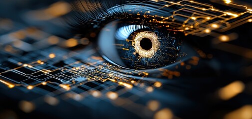 Fototapete - Eye technology data digital concept. A close-up of an eye with digital patterns, symbolizing the intersection of technology and human perception.