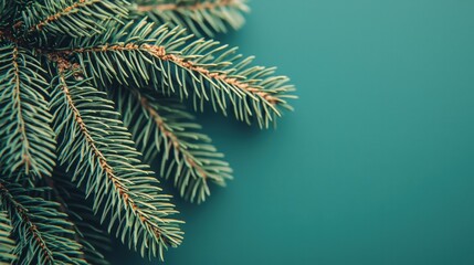 Festive Christmas Evergreen Branch on Teal Background