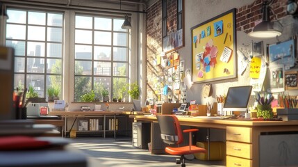 Poster - A bright, creative workspace with plants, bulletin board, and organized desk area.