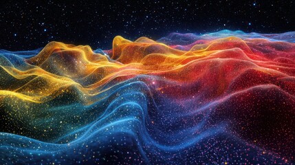 Wall Mural - A conceptual representation of cosmic radiation depicted as colorful waves and particles in space
