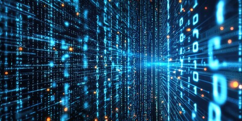 A data network concept with glowing streams of binary code flowing between interconnected nodes in a digital space.