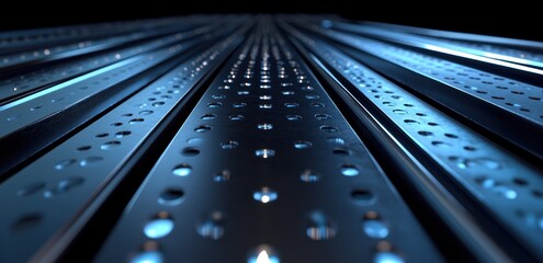 Poster - A close-up view of metallic panels with perforations, illuminated in a blue light.