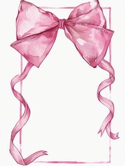 Vintage Bow. Hand-drawn Watercolor Illustration of Pink Frame with Ribbons and Bows