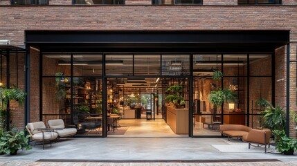 Aufkleber - Modern entrance to a stylish, plant-filled workspace with a cozy seating area.