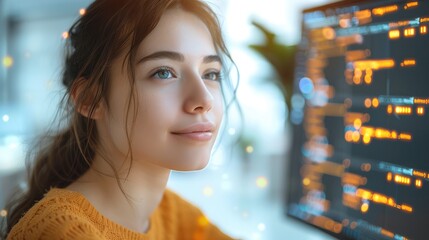 Leinwandbilder - A female coder in a modern office environment, surrounded by digital holographic data and interface elements, symbolizing cybersecurity and data analysis.