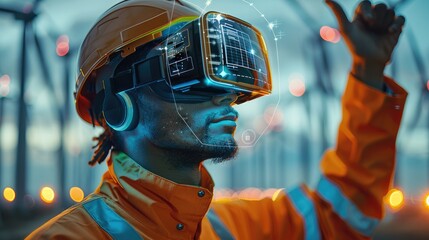 Poster - A construction worker wearing VR glasses. on a construction site with windmills.