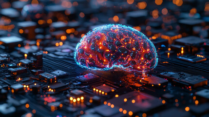 Wall Mural - digital brain model representing machine learning processing vast data sets, illuminated with vibran