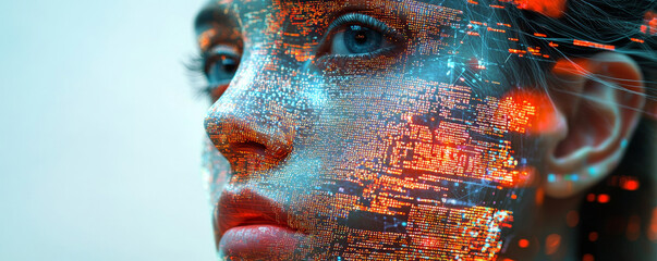 Wall Mural - close up of woman face with digital data overlay, symbolizing technology and innovation. vibrant col