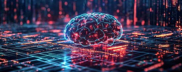 Wall Mural - digital brain representing ai technology and data processing in futuristic environment. vibrant colo