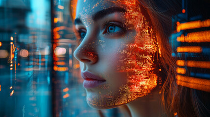 Wall Mural - portrait of woman with digital overlay, showcasing technology and innovation. vibrant colors and int