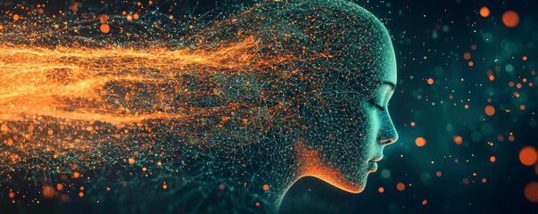 Wall Mural - digital representation of woman profile with flowing data streams, symbolizing ai and technology imp