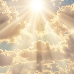 a bright sun shining through fluffy clouds in a clear blue sky.