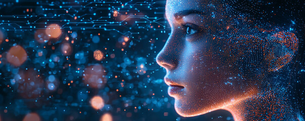Wall Mural - digital representation of woman face with glowing data patterns, symbolizing ai and technology. back