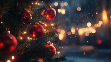Wall Mural - a close-up of a decorated christmas tree with red ornaments, illuminated by festive lights, creating