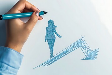 Wall Mural - A hand drawing a woman walking on a graph, symbolizing progress and growth.