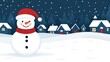 © sknab - A cheerful snowman in a red hat and scarf stands in a snowy landscape with cozy houses under a starry night sky.