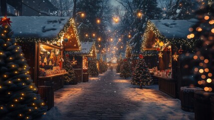 Wall Mural - christmas tree market with decorated trees and festive lights.
