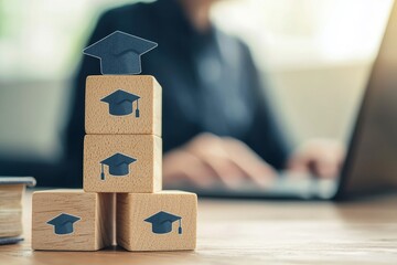 Poster - Learning online with webinars, video tutorials, and internet lessons with eLearning icons on wooden blocks.