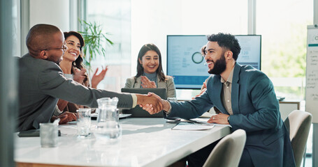 Aufkleber - Businessmen, handshake or meeting with team applause for deal, agreement or success at office. Group, employees or colleagues shaking hands or clapping for business collaboration, winning or contract