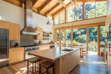 Wall Mural - Modern kitchen with wooden accents and large windows, inviting natural light and outdoor views.