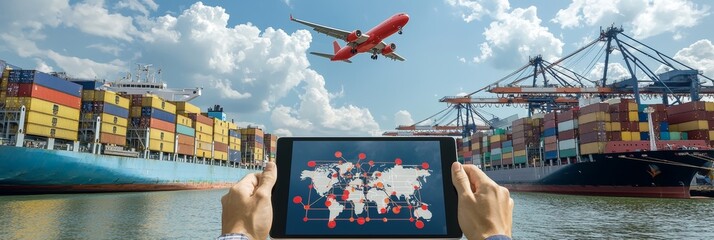 Aufkleber - As I hold a tablet, I press a button on the touch screen interface displayed in front of a Logistics Industrial Container Cargo freight ship for the concept of quick or instant shipping, ordering