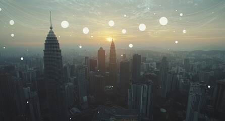 Aufkleber - An aerial view of a cityscape skyline showing a connection concept, the early morning sunrise scene.